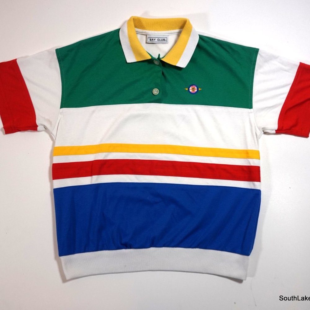 VTG Bay Club Striped Multi Color Cut Polo Shirt L
